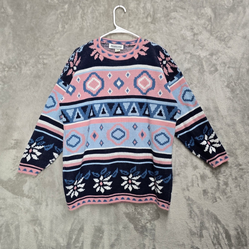 Vintage Private Eyes Sweater Women L/XL Blue Pink Oversized Floral Geometric